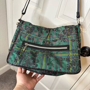 Y2K Betsey Johnson Betseyville Green Black Floral Plaid Messenger Bag Grunge